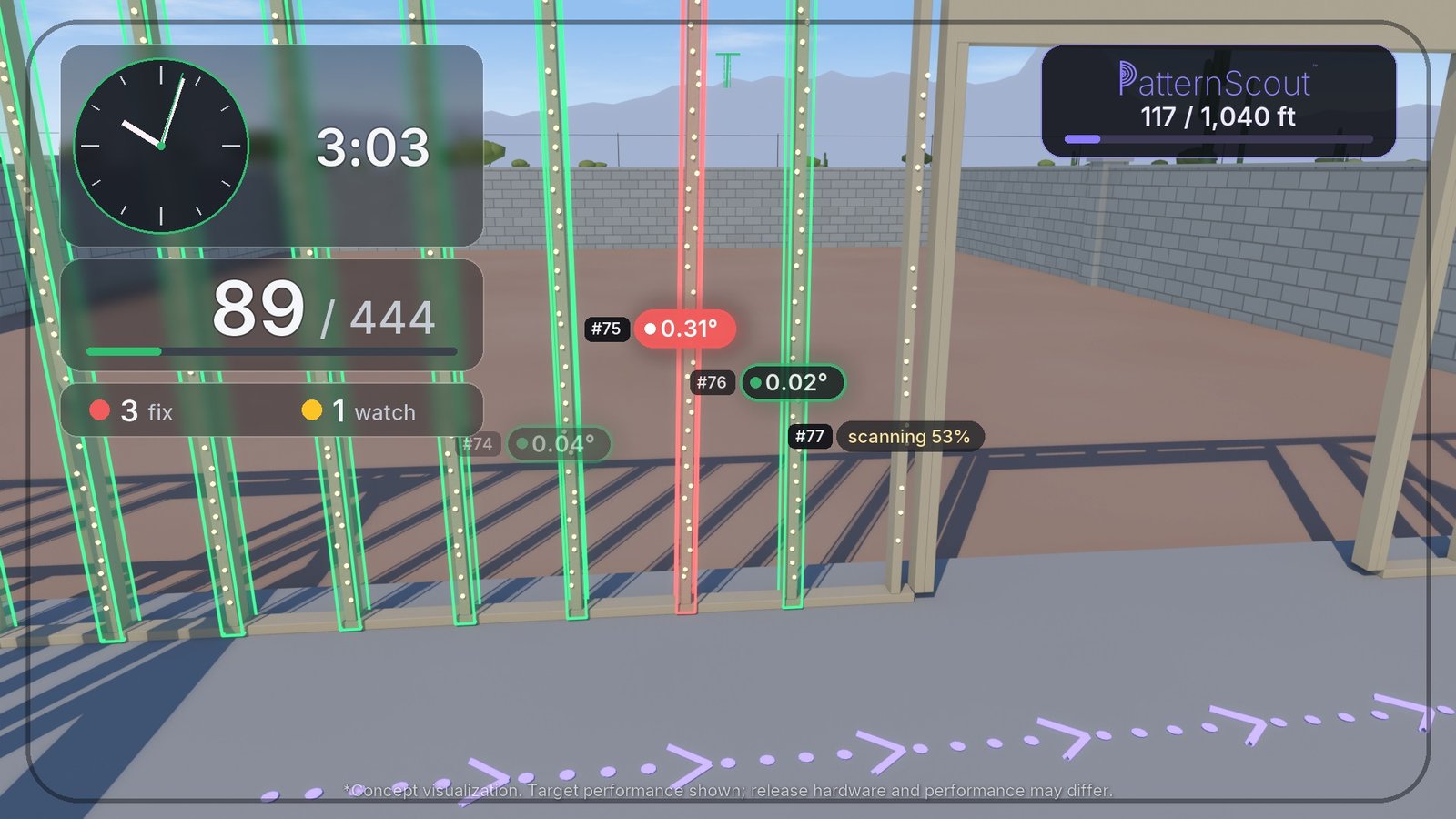 Still from the video: the AR view with a box on each stud